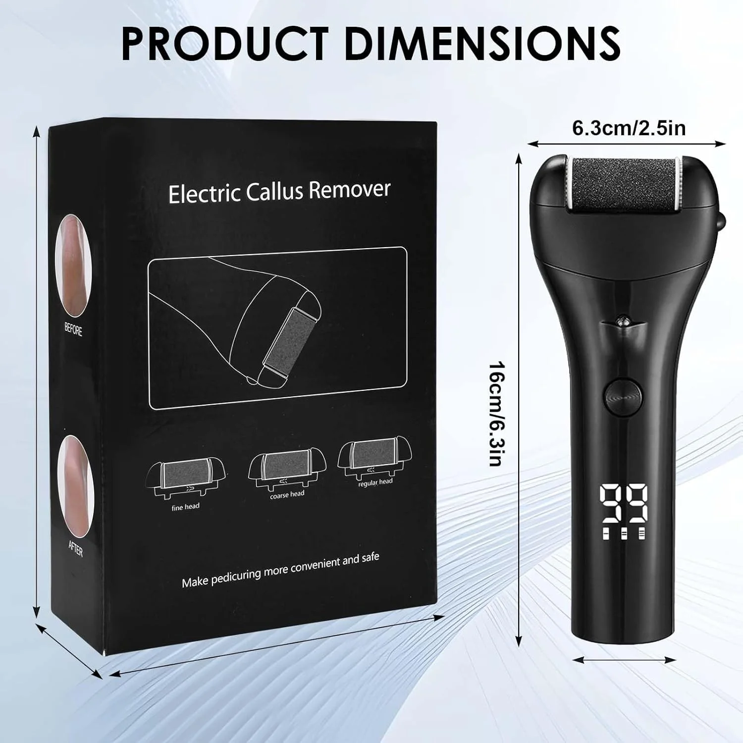سوهان برقی پا - سوهان برقی از بین برنده پینه پا با 3 غلتک و 3 سرعت - ضد آب IPX7 - دستگاه پدیکور برای پاشنه های ترک خورده دارای چراغ LED (مشکی)