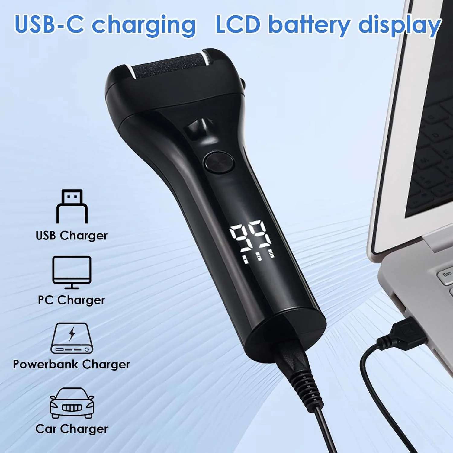 سوهان برقی پا - سوهان برقی از بین برنده پینه پا با 3 غلتک و 3 سرعت - ضد آب IPX7 - دستگاه پدیکور برای پاشنه های ترک خورده دارای چراغ LED (مشکی)