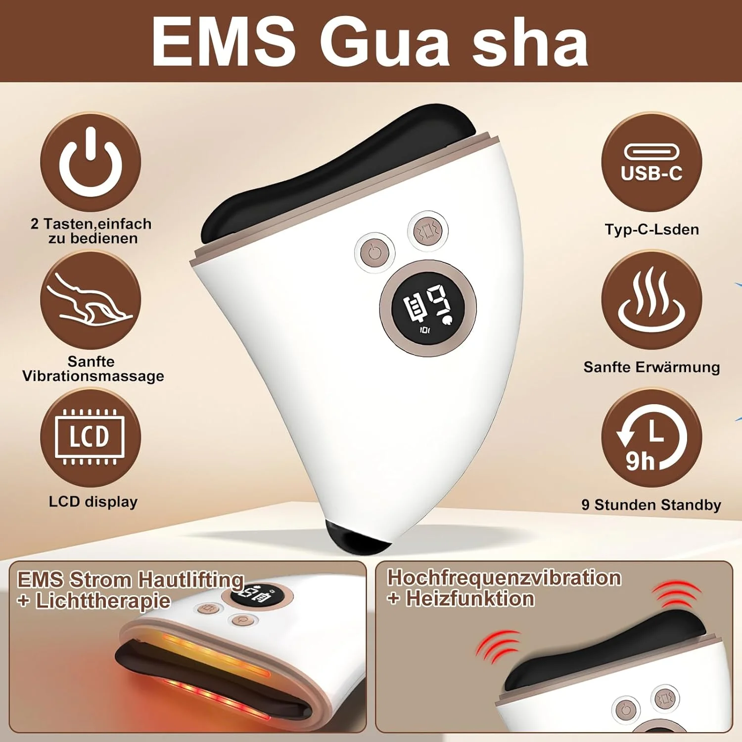 ای ام اس گوا شا، ماساژور صورت الکتریکی گوا شا با 9 حالت، ماساژور صورت نور قرمز ال ای دی با ویبره و گرما، دستگاه لیفتینگ صورت، ضد چروک، ضد پیری، کاهش تورم