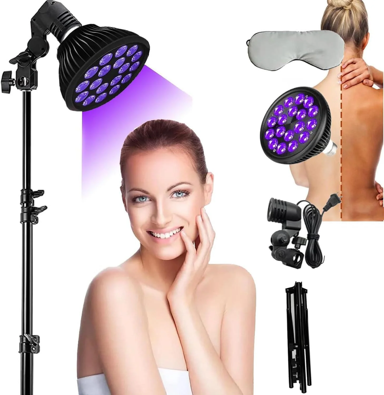 دستگاه برنزه کننده با عینک محافظ و سه پایه، 18 عدد LED با طول موج 395 نانومتر، دستگاه برنزه کننده خانگی، لامپ ایستاده 54 وات با نور بنفش برای بدن و صورت، برای داشتن پوستی برنزه در تمام طول سال