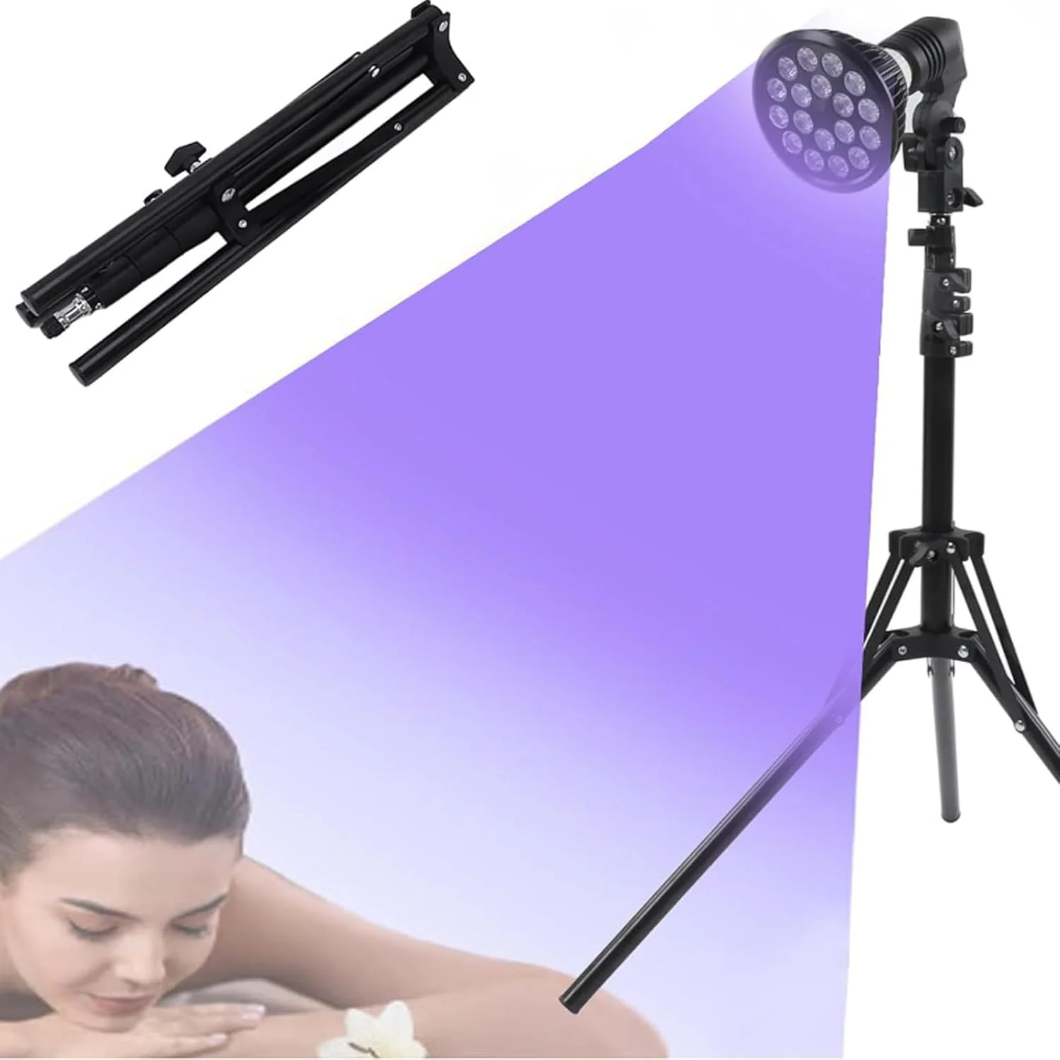 لامپ برنزه کننده با پایه سه پایه، 54 وات 395 نانومتر، لامپ برنزه کننده صورت خانگی 18 عدد LED، دستگاه تاشو برنزه کننده خودکار صورت، چراغ ایستاده LED برای صورت، بدن، با قابلیت تنظیم ارتفاع، مشکی