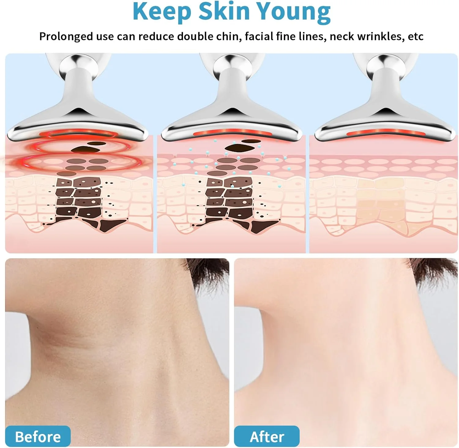 ماساژور صورت و گردن، دستگاه فرم دهی صورت با 3 حالت و نور LED 7 رنگ، نور قرمز برای ابزار صورت و گردن برای مراقبت از پوست، دستگاه لیفت صورت، مجسمه ساز صورت با لرزش و گرمایش