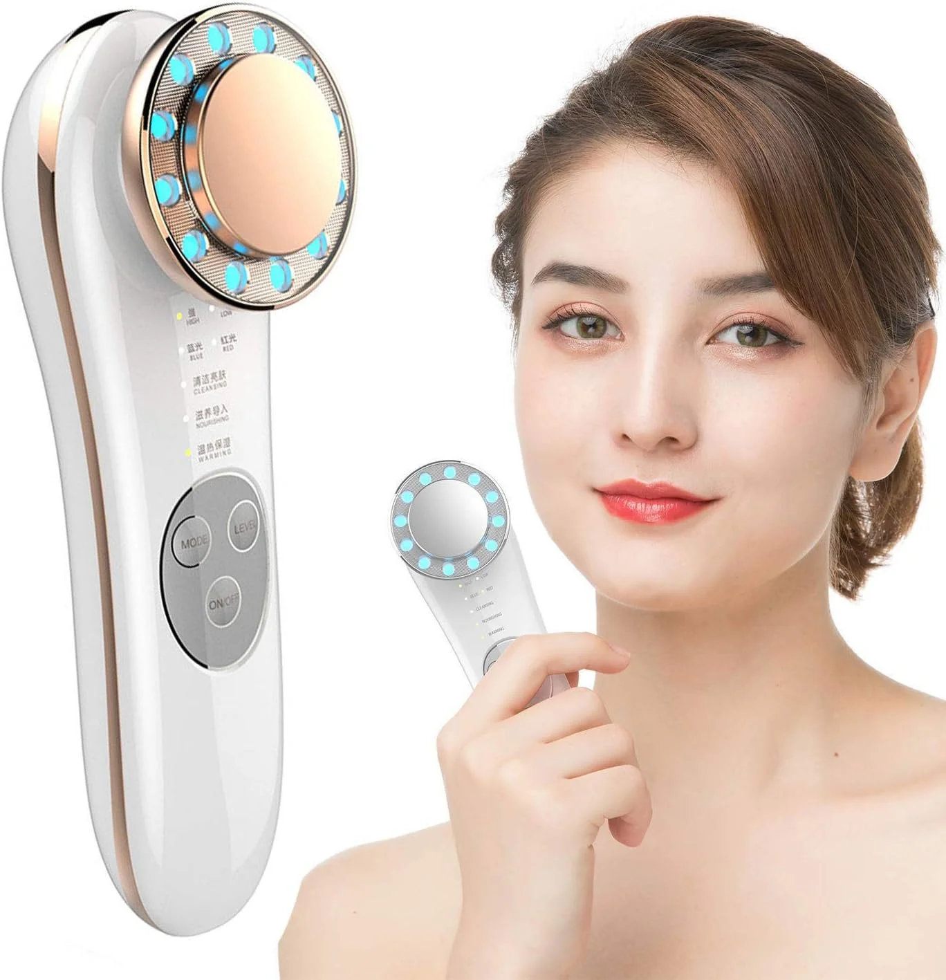 ماساژور صورت با نور آبی و قرمز LED، افزایش جذب کرم صورت، لیفت و سفت کننده پوست و کاهش چروک، طلایی