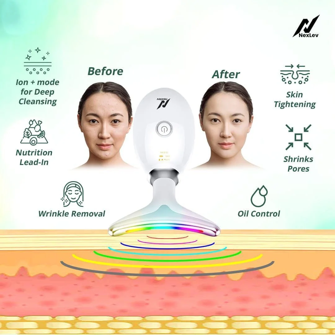 دستگاه لیفت پوست نکس‌لو | ال‌ای‌دی 7 رنگ | لیفت پوست صورت و گردن | 3 حالت ماساژ | ابزار فرم‌دهی صورت | میکرو جریان برای کاهش چین و چروک | کمپرس گرم | قابل شارژ | Type-C | 180 دقیقه استفاده | Glow LE-04