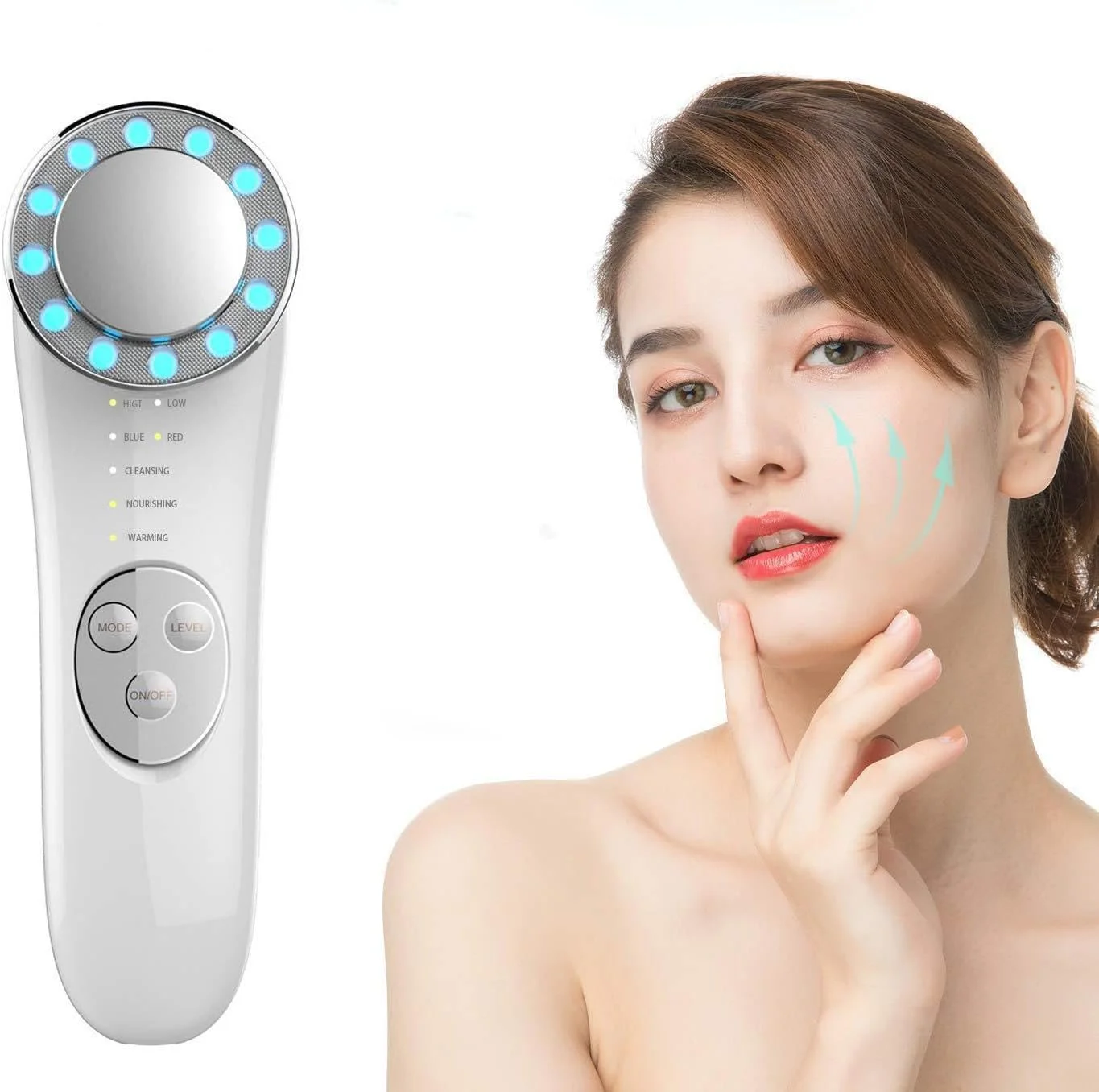 ماساژور صورت با نور دوگانه، حالت های LED آبی و قرمز، ابزارهای مراقبت از پوست، دستگاه درمان صورت و گردن ضد پیری با کنترل دما