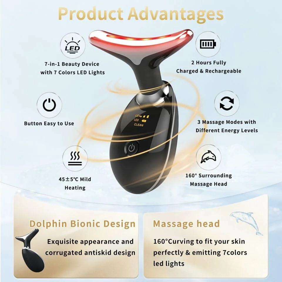 دستگاه زیبایی صورت، ابزارهای چند منظوره مراقبت از پوست صورت با ویبره، نور ال ای دی قرمز و آبی، دستگاه زیبایی صورت و گردن ال ای دی 7 رنگ برای استفاده در منزل، بهبود پوست