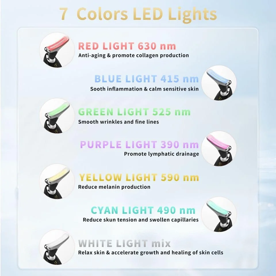 دستگاه زیبایی صورت، ابزارهای چند منظوره مراقبت از پوست صورت با ویبره، نور ال ای دی قرمز و آبی، دستگاه زیبایی صورت و گردن ال ای دی 7 رنگ برای استفاده در منزل، بهبود پوست