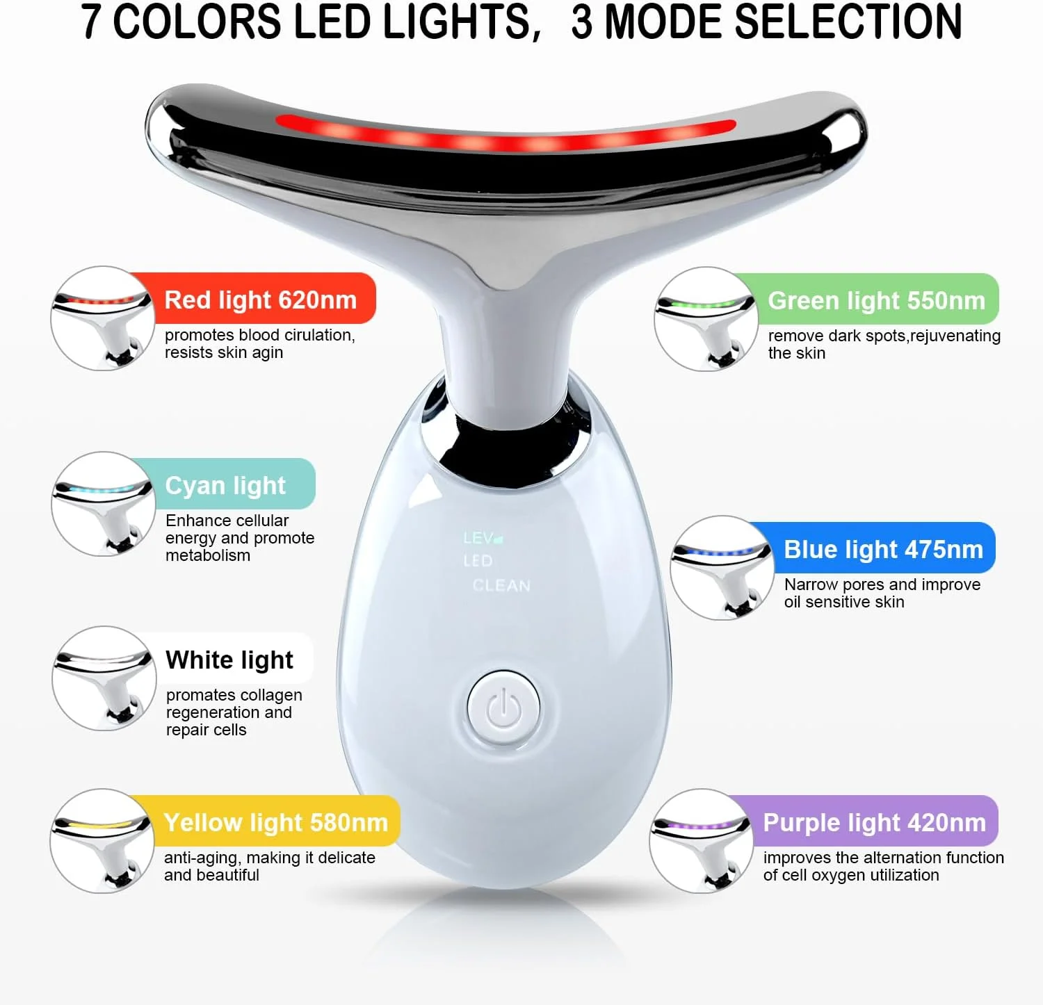 ماساژور صورت و گردن، ابزار مراقبت از پوست صورت چند منظوره 7 رنگ، دستگاه زیبایی صورت و گردن ال ای دی برای استفاده در منزل