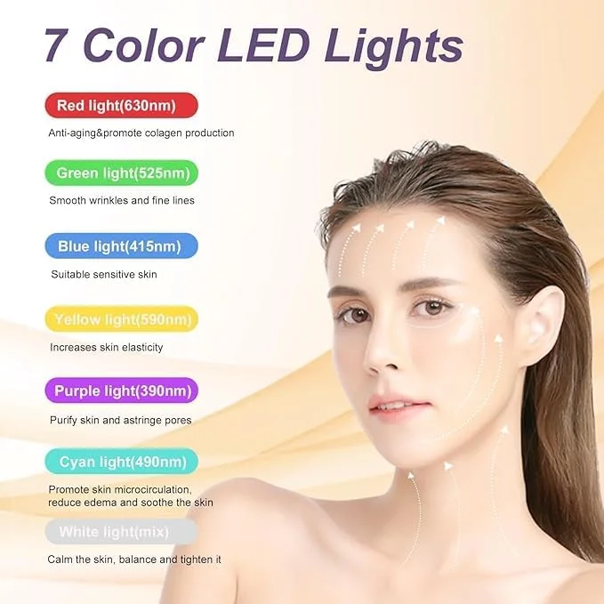 ماساژور صورت و گردن – دستگاه مراقبت از پوست با نور LED هفت رنگ برای ضد پیری، لیفتینگ، سفت کردن و جوانسازی – ماساژور زیبایی چند منظوره صورت برای استفاده در منزل