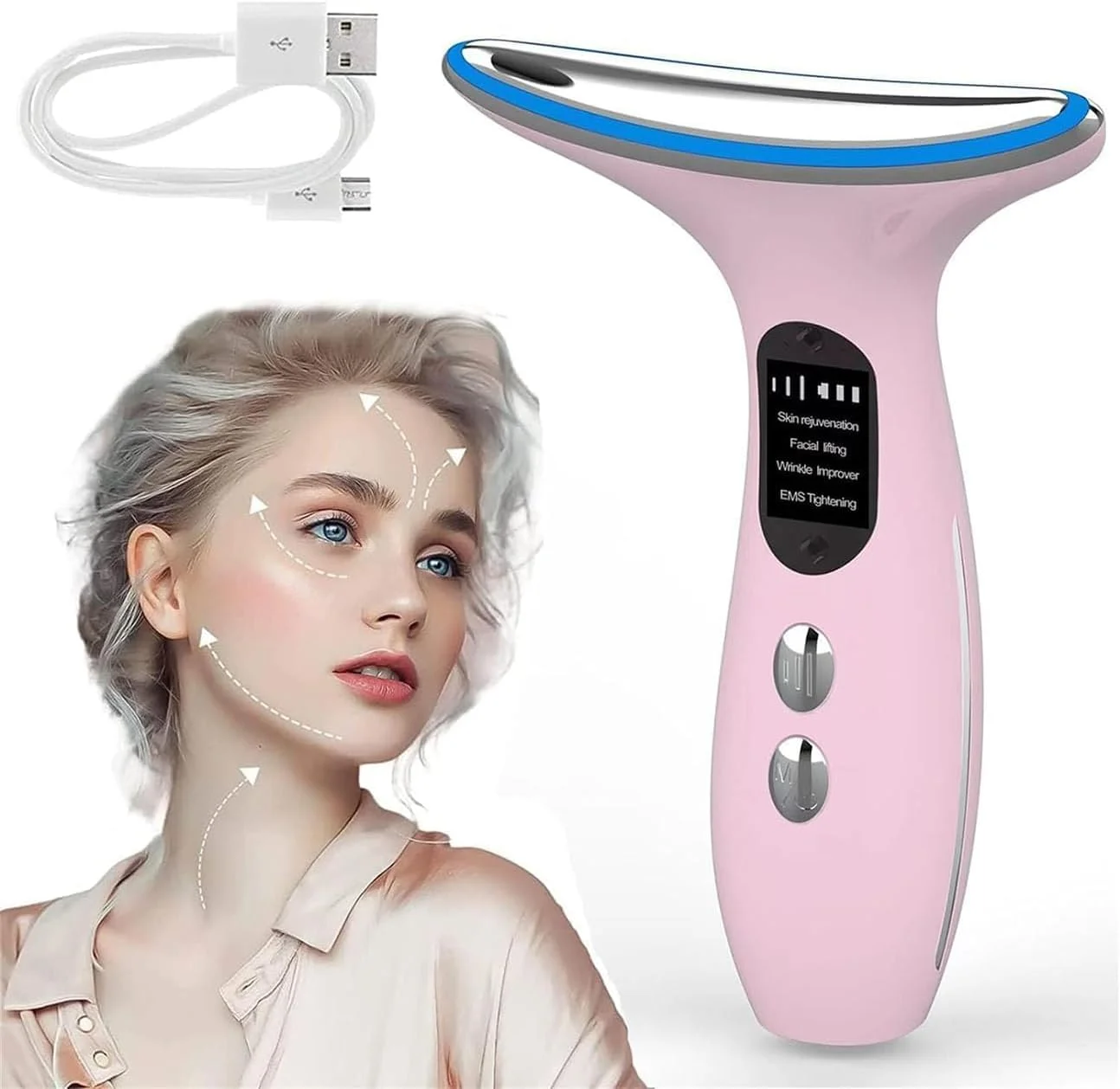 ماساژور فنری X، ماساژور صورت و گردن شارژی با 3 حالت LED رنگی، دستگاه مراقبت از پوست ضد پیری برای کاهش چین و چروک و لیفت صورت، از بین برنده غبغب