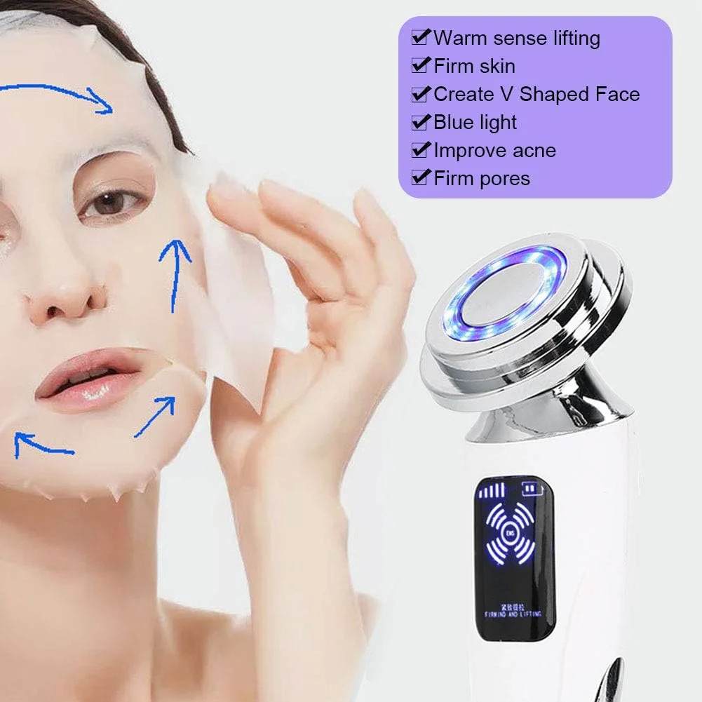 دستگاه اولتراسوند صورت، دستگاه زیبایی صورت با فرکانس رادیویی LED برای رفع چین و چروک، رفع آکنه، ضد پیری (سفید)