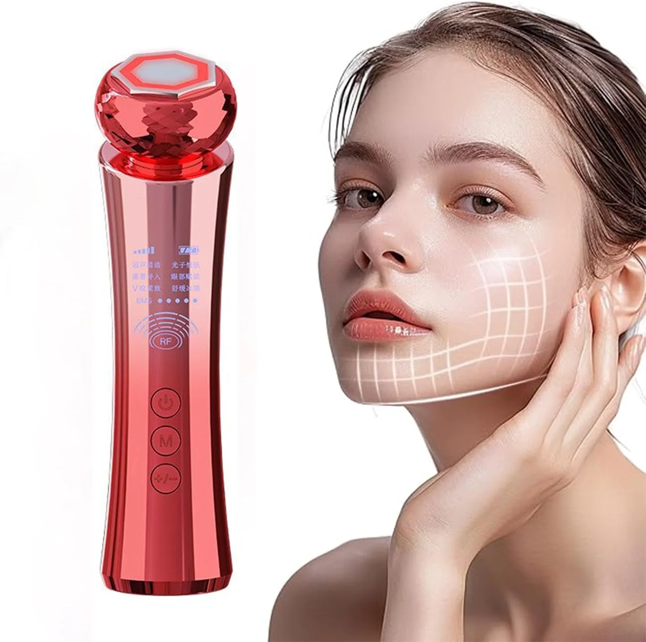 ماساژور صورت RF EMS، دستگاه RF، دستگاه زیبایی جوانسازی فوتون، دستگاه RF جوانسازی پوست LED، لیفت صورت با الکتروپوراسیون، کاهش غبغب (قرمز)