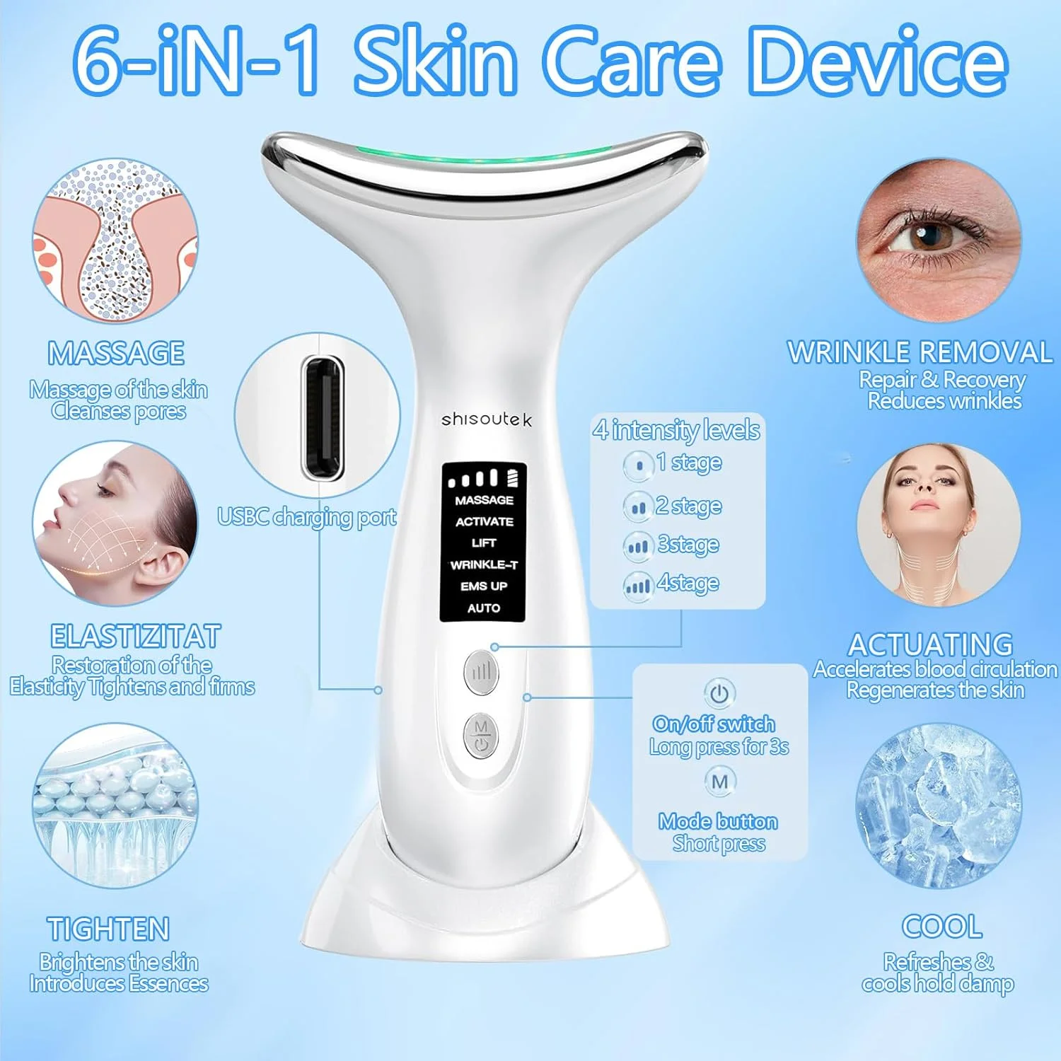 ماساژور صورت ضد چروک، از بین برنده غبغب، دارای 3 رنگ LED، دستگاه زیبایی ضد چروک با گرمای 45 درجه سانتیگراد و سرمای 5 درجه سانتیگراد، ماساژور صورت، نور درمانی صورت