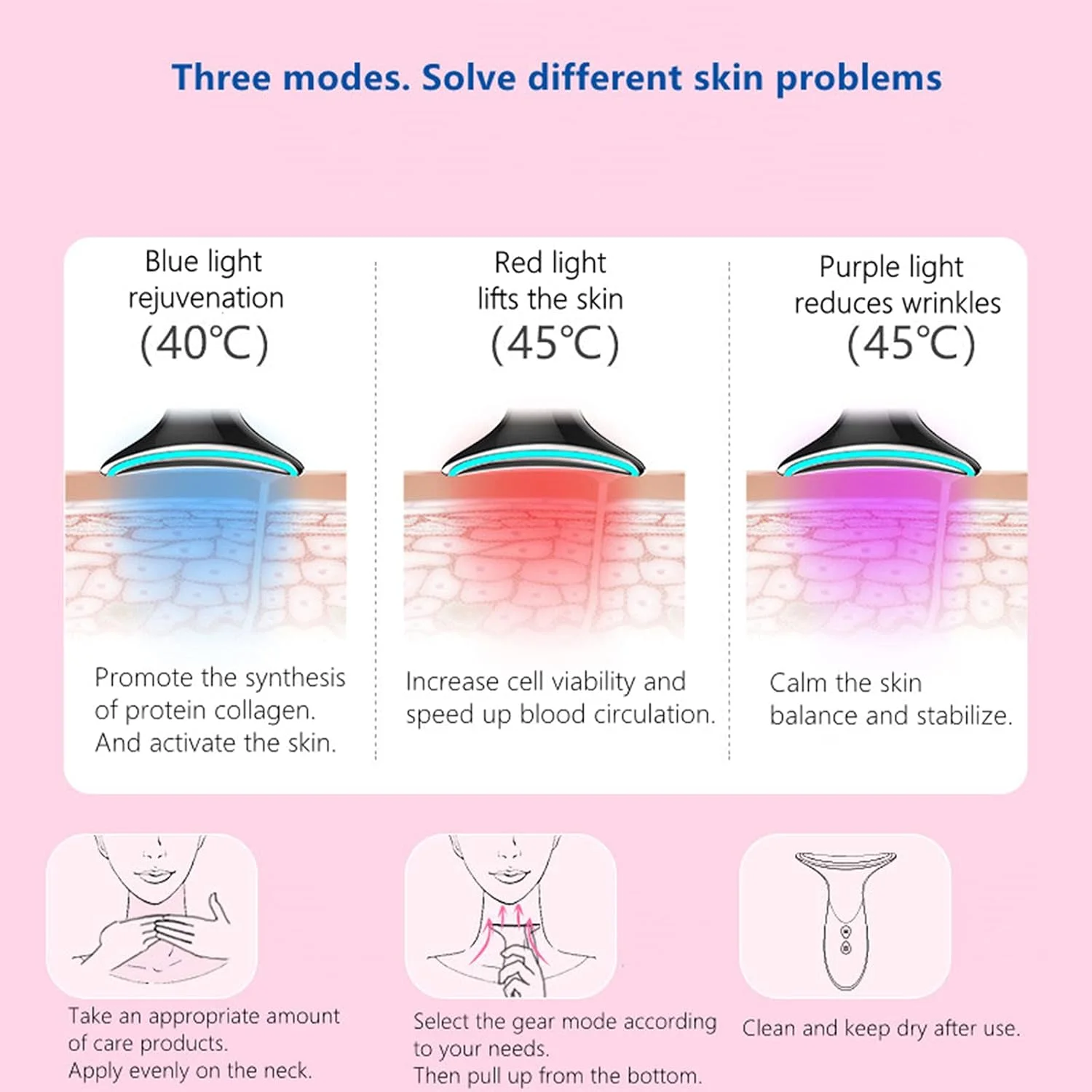 دستگاه زیبایی گردن، رفع غبغب، لیفتینگ صورت، ماساژور گردن با ویبره، گرمایش 40℃/45℃، ماساژور ضد چروک، دستگاه لیفت و سفت کننده پوست، دستگاه زیبایی با نور درمانی 3 رنگ LED
