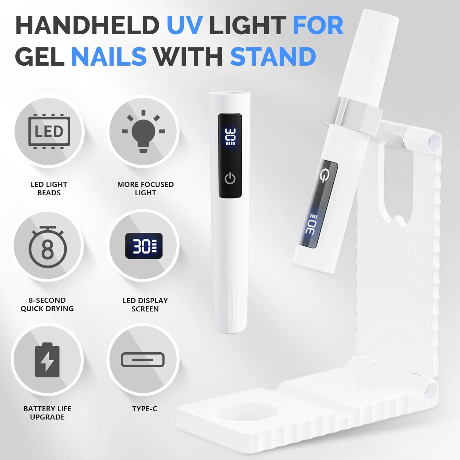 چراغ دستی ناخن با پایه، مینی لامپ UV برای ناخن های ژلی، چراغ خشک کننده بی سیم قابل حمل، لامپ ناخن شارژی با صفحه نمایش LCD و پوشش محافظ چشم، چراغ UV با 2 تایمر برای لاک ژل، سفید
