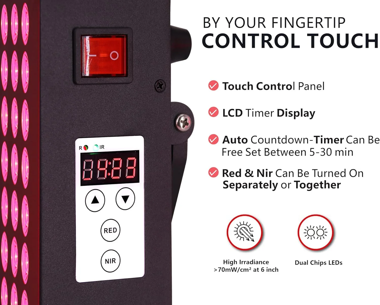 دستگاه نوردرمانی با نور قرمز، دستگاه های نوردرمانی مادون قرمز نزدیک، نوردرمانی مادون قرمز برای درد با پایه، تایمر، دسته و 60 ال ای دی دو تراشه درجه یک بالینی. پنل نوردرمانی قرمز 95 وات