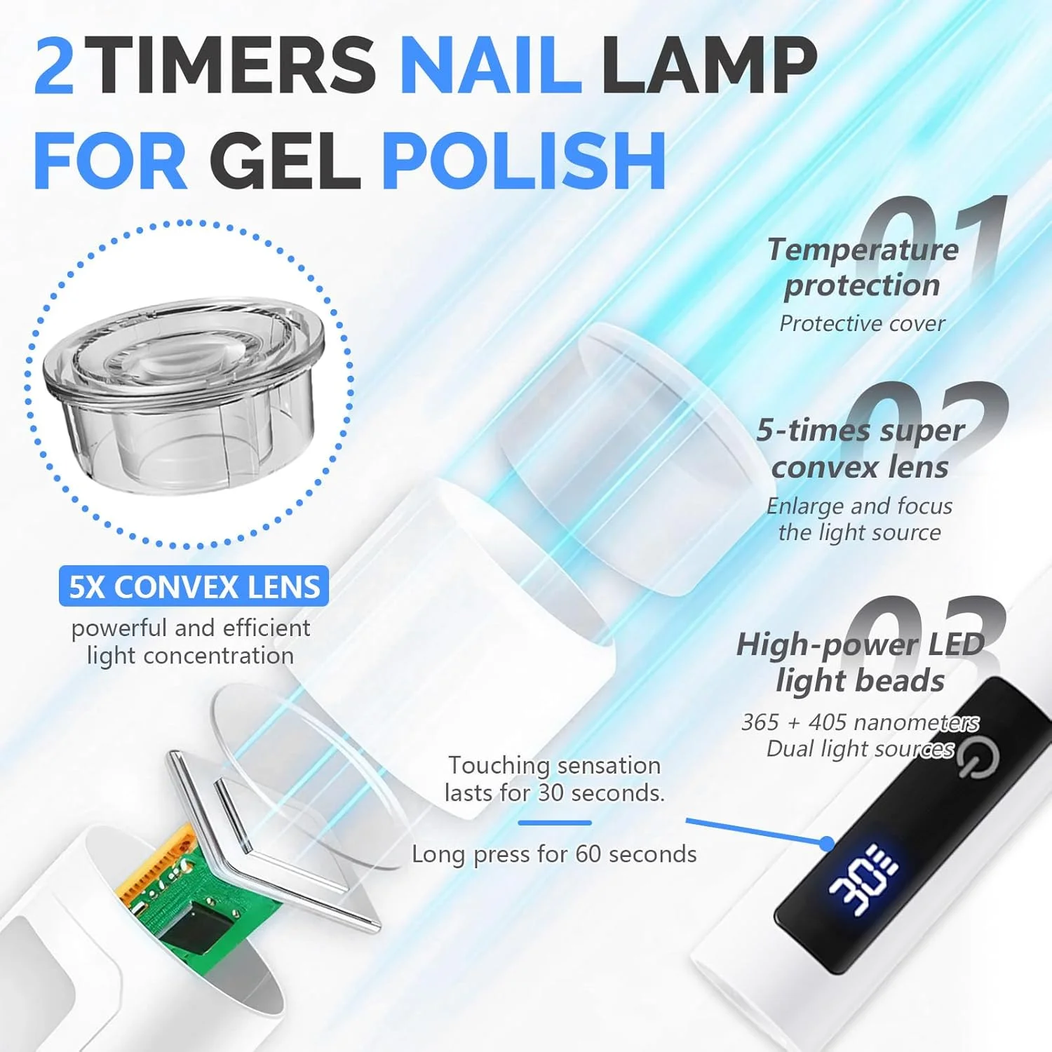 چراغ دستی ناخن با پایه، مینی لامپ UV برای ناخن های ژلی، چراغ خشک کننده بی سیم قابل حمل، لامپ ناخن شارژی با صفحه نمایش LCD و پوشش محافظ چشم، چراغ UV با 2 تایمر برای لاک ژل، سفید