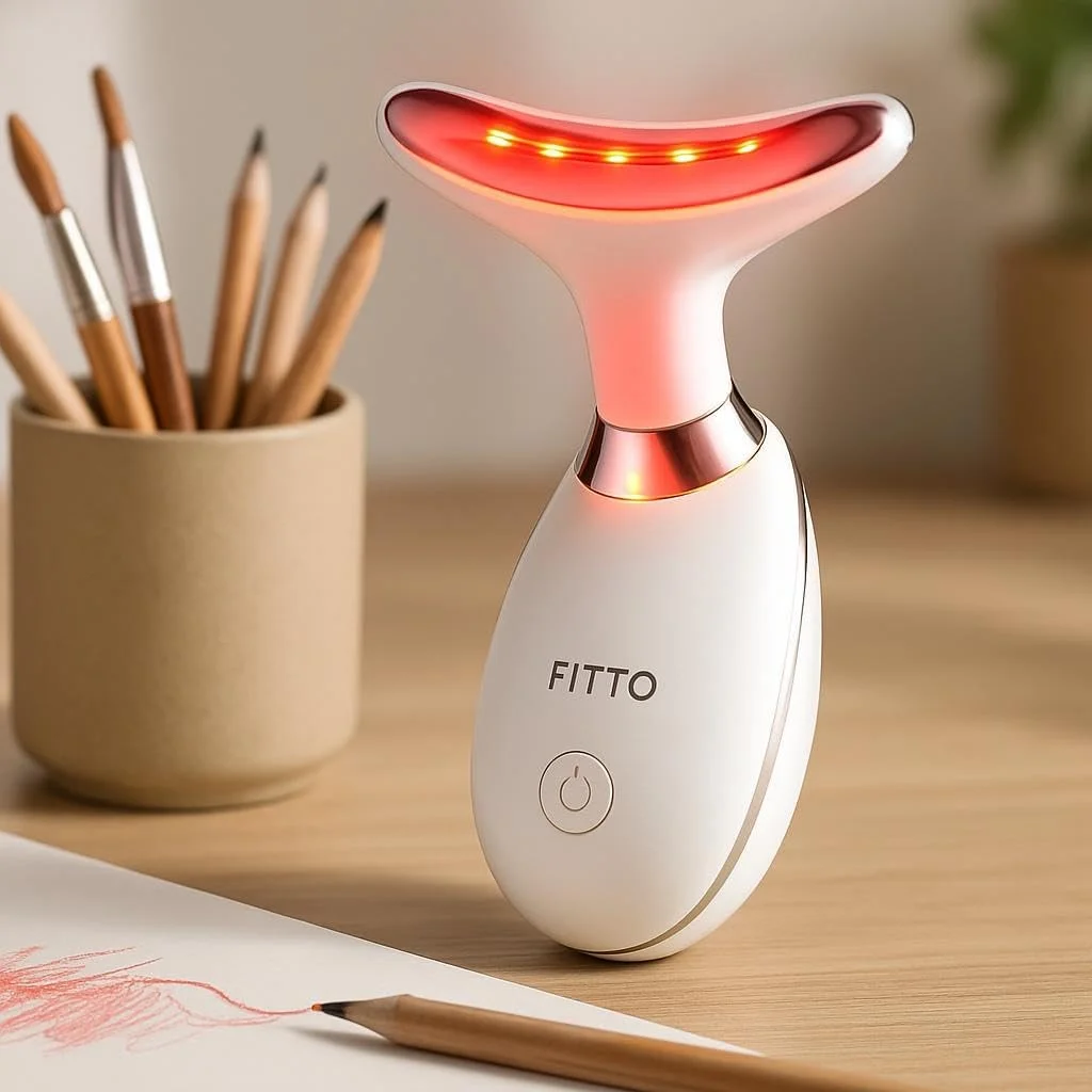 ماساژور صورت و گردن سفید FITTO، ابزار فرم دهی صورت با 3 حالت رنگی، طراحی ارگونومیک برای گردن و خط فک، LED قابل شارژ برای زیبایی و آرامش