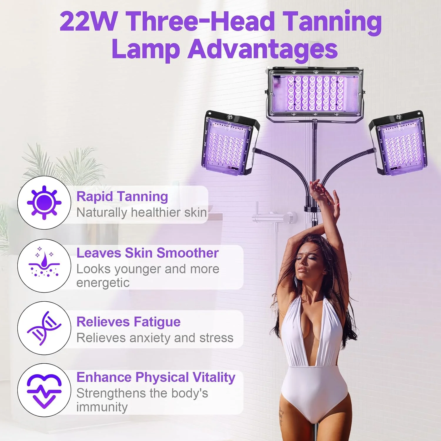 دستگاه سولاریوم صورت برای استفاده خانگی - 22 وات با سه لامپ برای صورت و بدن با 144 ال ای دی، ارتفاع و زاویه قابل تنظیم