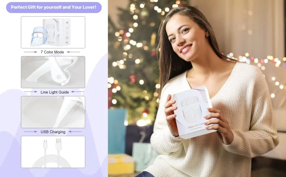 ماسک صورت LED ندولا با 7 رنگ، دستگاه مراقبت از پوست قابل حمل و سبک برای استفاده در منزل، قابل شارژ، بی سیم