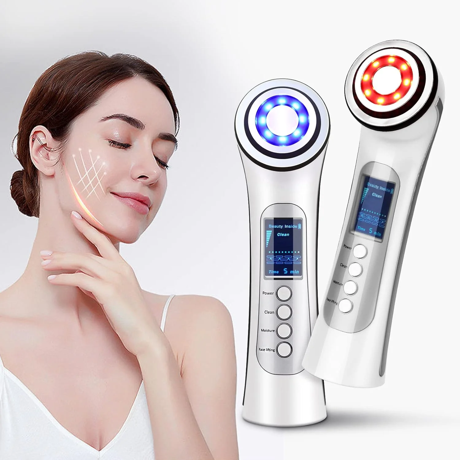 ماساژور صورت CARER BEAUTY برای رفع چین و چروک، دستگاه 5 در 1 با فرکانس رادیویی، دارای 2 نور LED، ویبره RF و یون برای ضد چروک، پیری، رفع آکنه، مراقبت از پوست و پاکسازی عمیق صورت ماساژور صورت CARER BEAUTY برای رفع چین و چروک، دستگاه 5 در 1 با فرکانس رادیویی، دارای 2 نور LED، ویبره RF و یون برای ضد چروک، پیری، رفع آکنه، مراقبت از پوست و پاکسازی عمیق صورت
