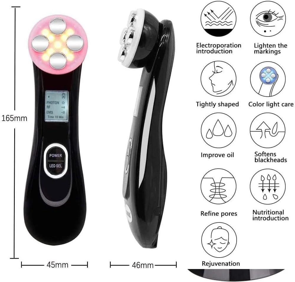 دستگاه مراقبت از پوست صورت مارگون، مزوتراپی، الکتروپوریشن، آر اف رادیو فرکانسی، ال ای دی فوتون، لیفتینگ و سفت کننده پوست صورت و مراقبت از چشم (مشکی)