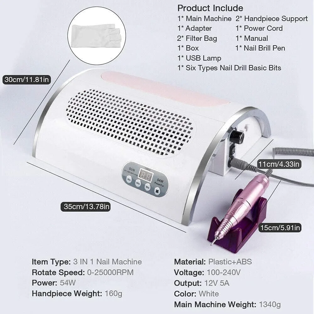 دستگاه ناخن 4 در 1، شامل دریل برقی ناخن/جمع کننده گرد و غبار ناخن/لامپ خشک کن ناخن UV 54 وات/لامپ LED برای سالن های حرفه ای و استفاده خانگی