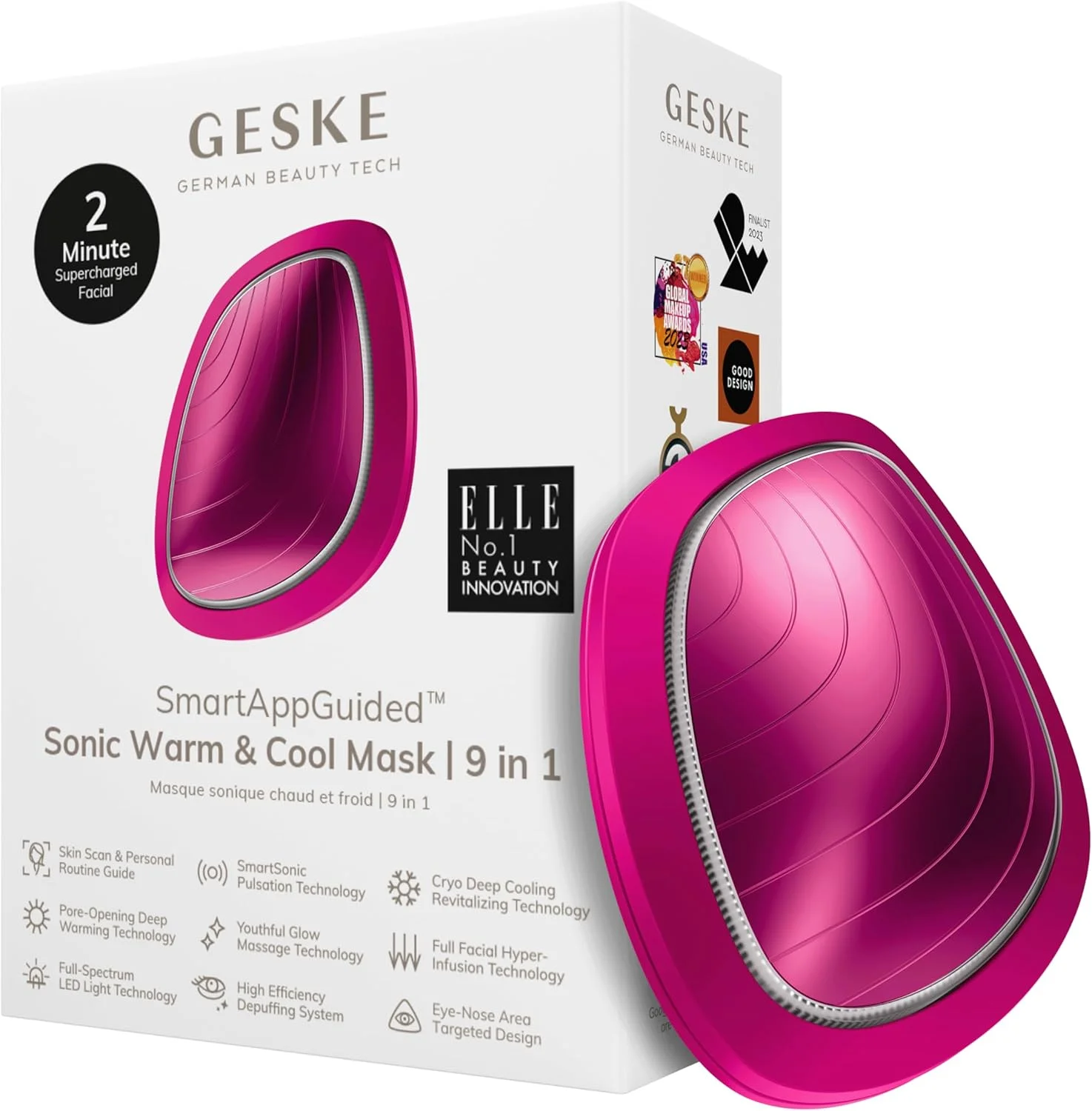 GESKE | ماسک گرم و سرد صوتی SmartAppGuided™ | 9 در 1 | ماسک صورت LED زیبایی | طیف کامل LED و نور قرمز درمانی | گرما | خنک کننده | افزایش جذب محصولات مراقبت از صورت | ماساژور صورت