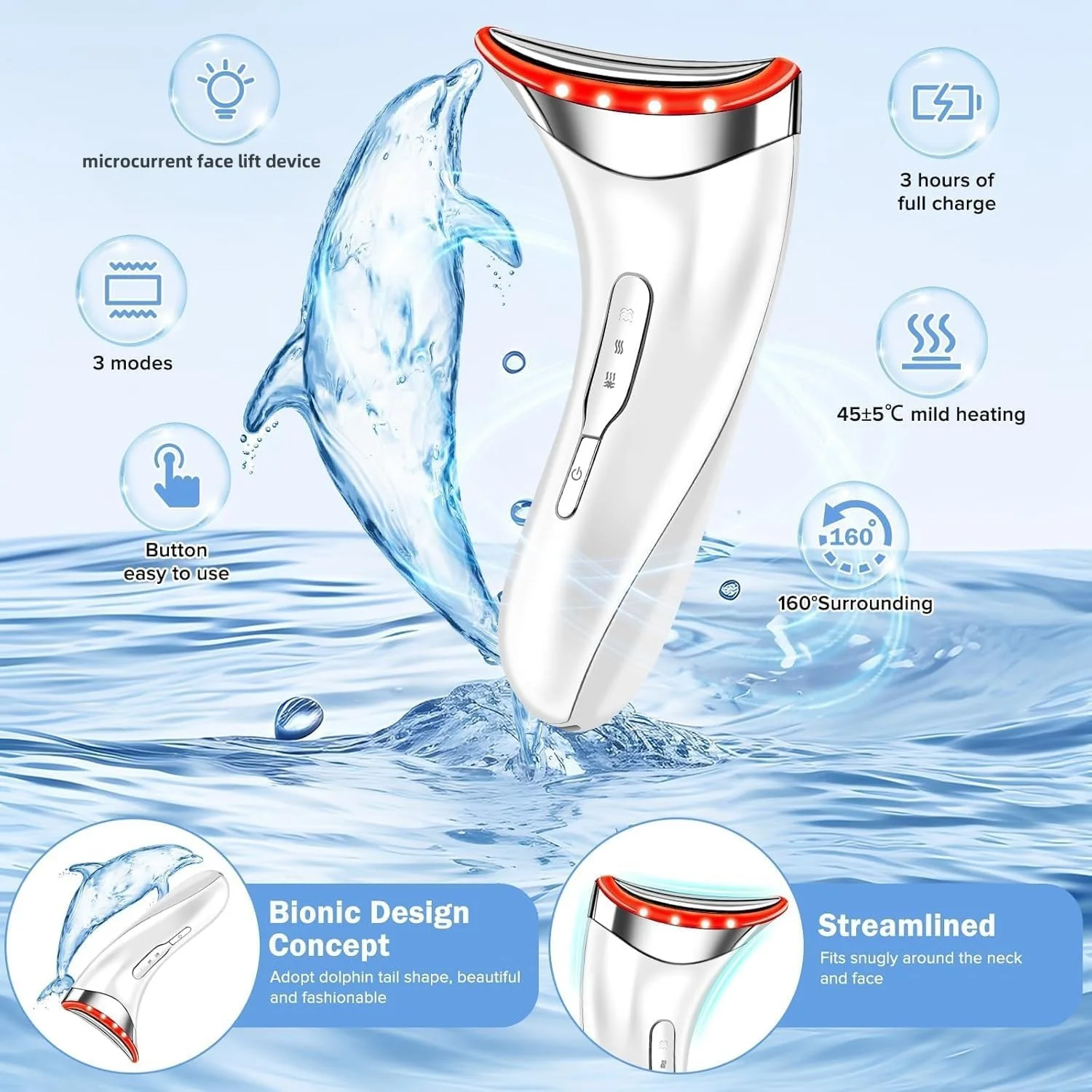 ماساژور صورت و گردن، ابزار فرم دهی صورت، دستگاه جوانسازی پوست با حرارت، ال ای دی سه گانه و ویبره، برای ضد پیری، لیفت و سفت کردن پوست شل