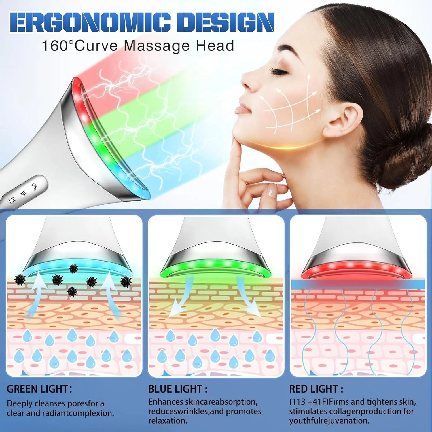 ماساژور صورت و گردن، ابزار فرم دهی صورت، دستگاه جوانسازی پوست با حرارت، ال ای دی سه گانه و ویبره، برای ضد پیری، لیفت و سفت کردن پوست شل