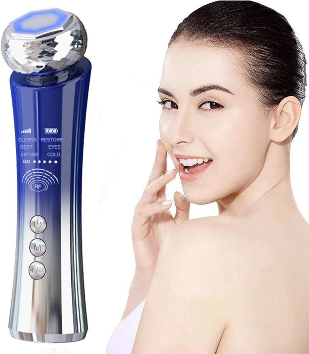 دستگاه ماساژور زیبایی صورت با فرکانس بالا برای لیفتینگ و جوانسازی پوست، دارای عملکردهای گرم و سرد و نور LED (آبی)