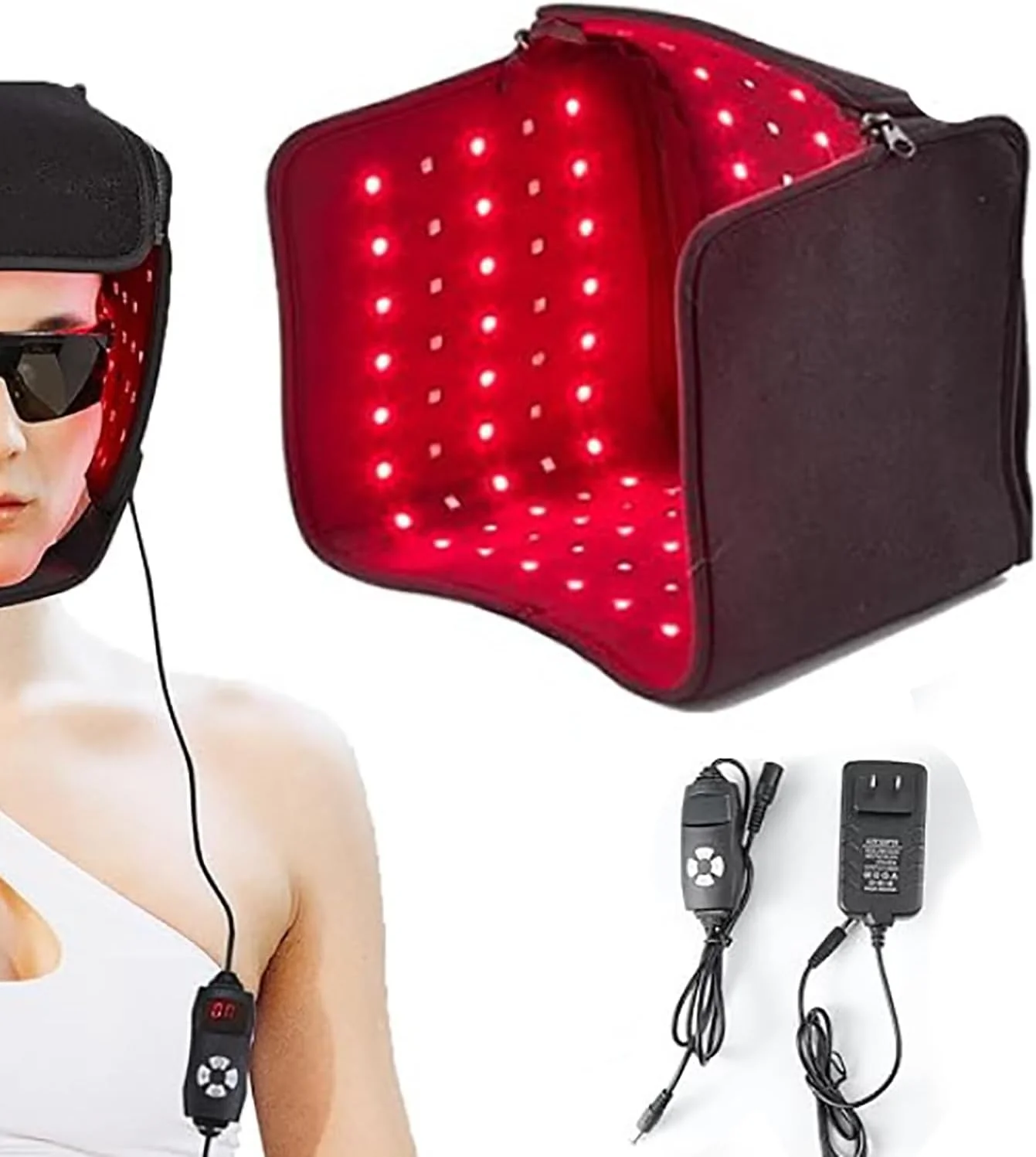 کلاه درمان با نور قرمز LED، دارای 215 عدد LED با طول موج 660 نانومتر و 850 نانومتر، دستگاه درمان با نور نزدیک به مادون قرمز برای جلوگیری از ریزش مو و کمک به رشد مجدد مو، محدوده مناسب 58-61 سانتی متر