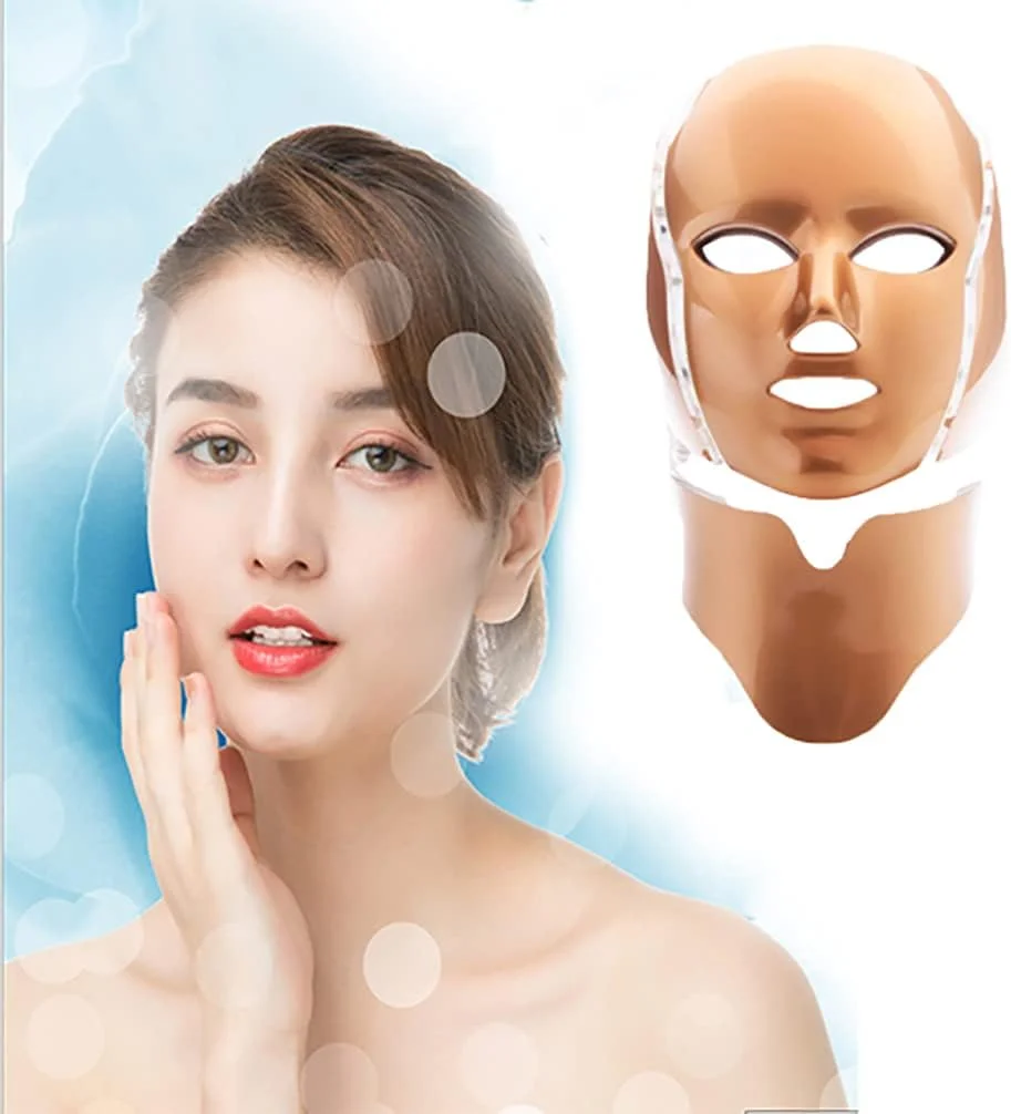 ماسک ال ای دی صورت و گردن، دستگاه ماسک زیبایی نور 7 رنگ، درمان صورت ضد چروک، رفع لک، از بین بردن جای زخم، سفید کننده و سفت کننده برای مراقبت روزانه از پوست (طلایی)
