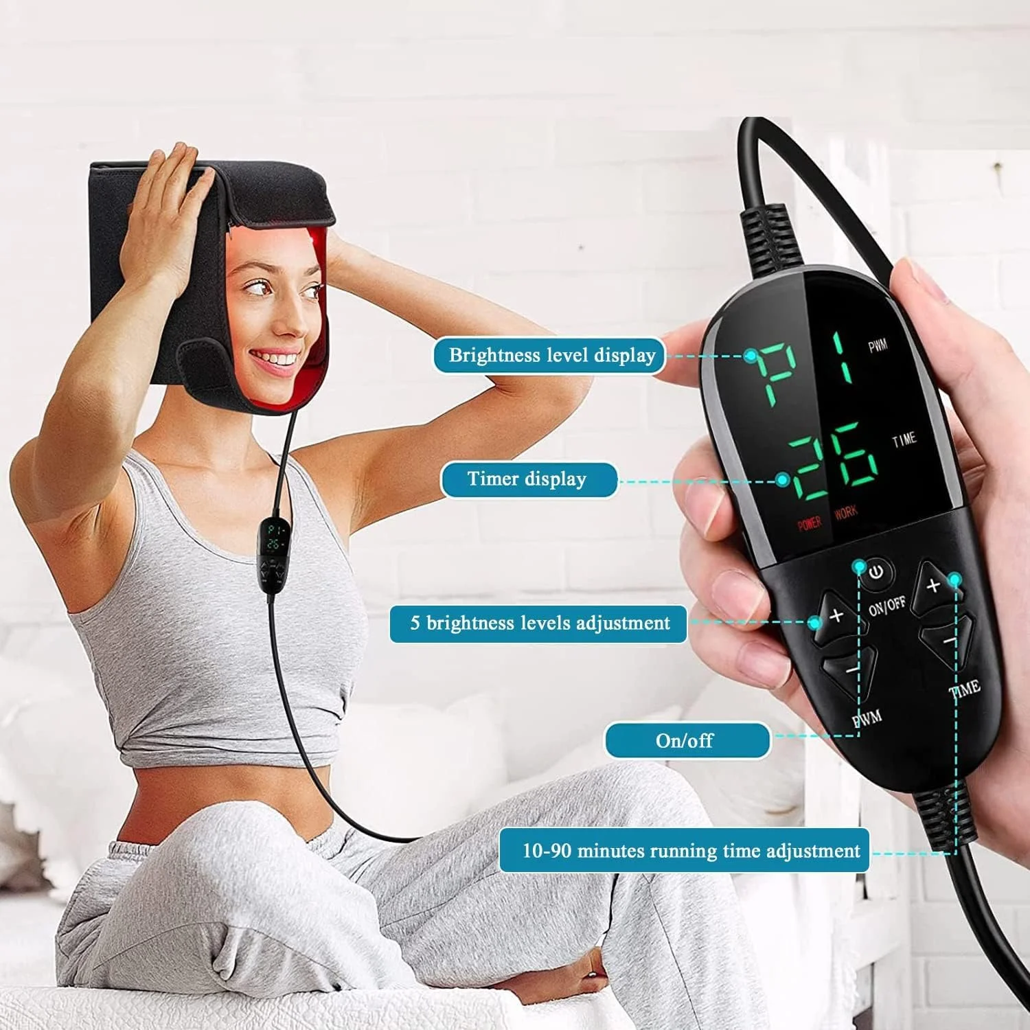 کلاه درمان با نور قرمز LED، دارای 215 عدد LED با طول موج 660 نانومتر و 850 نانومتر، دستگاه درمان با نور نزدیک به مادون قرمز برای جلوگیری از ریزش مو و کمک به رشد مجدد مو، محدوده مناسب 58-61 سانتی متر