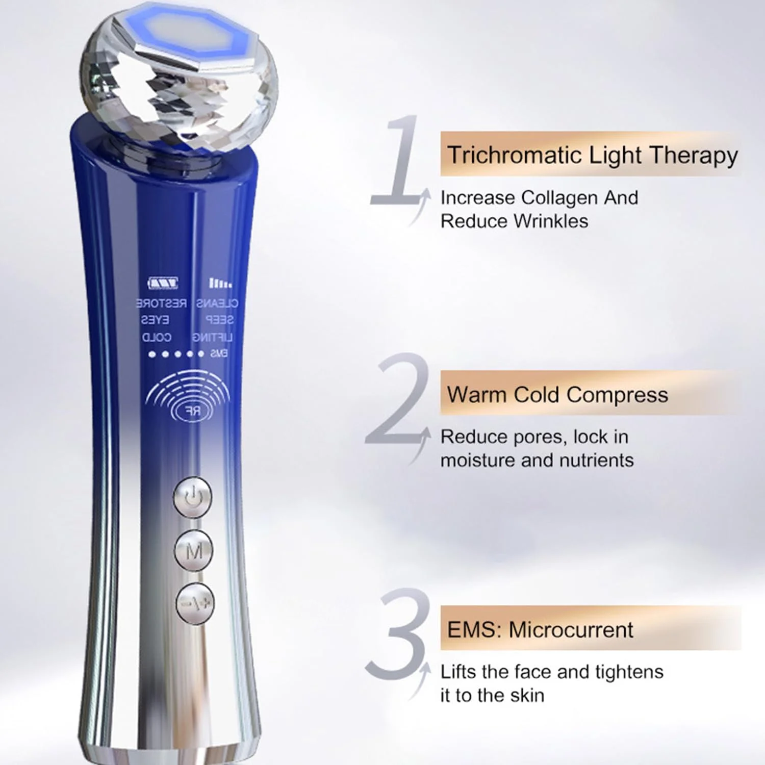 دستگاه ماساژور زیبایی صورت با فرکانس بالا برای لیفتینگ و جوانسازی پوست، دارای عملکردهای گرم و سرد و نور LED (آبی)