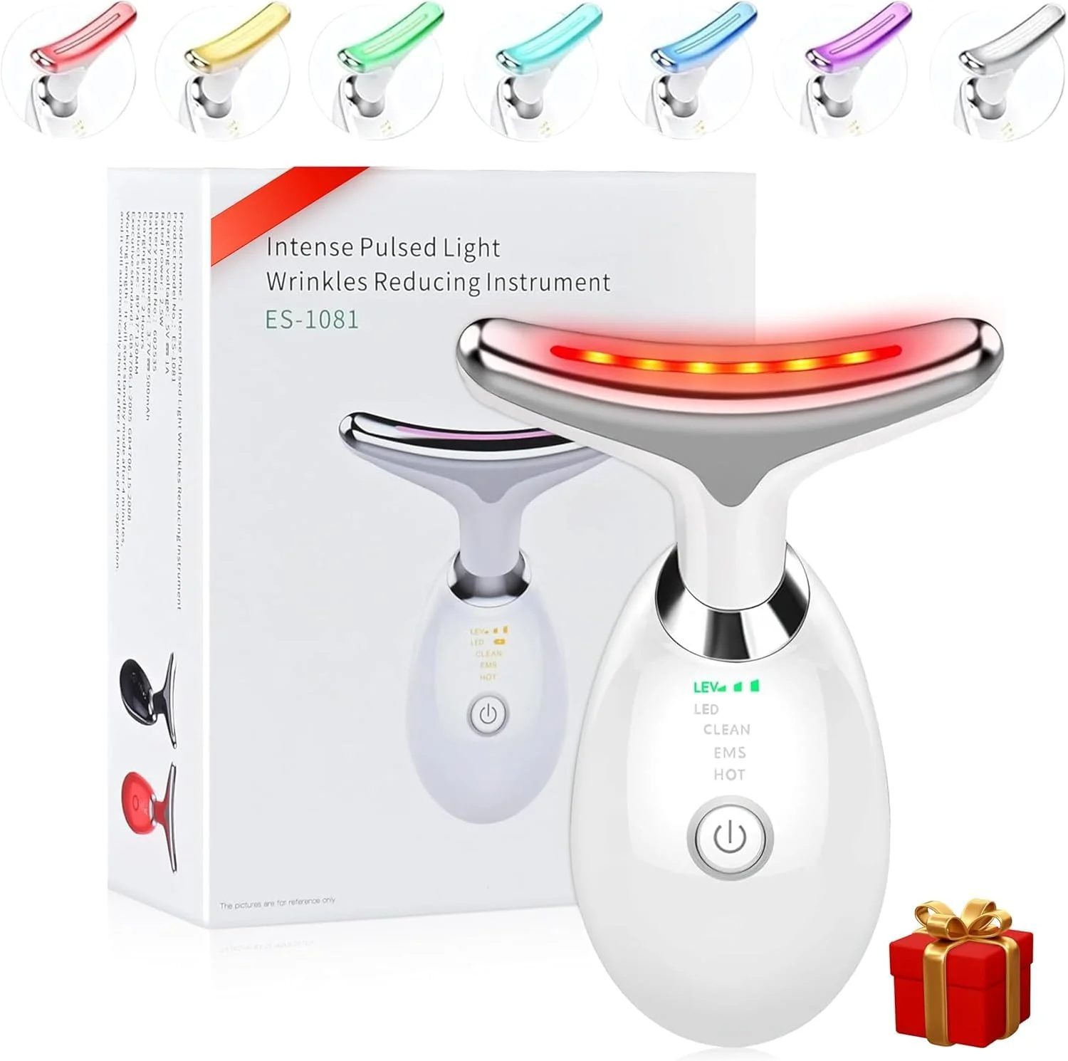 دستگاه فرم دهنده صورت LED هفت در یک - ماساژور برقی زیبایی صورت با 3 حالت، 45 درجه سانتیگراد، سفت کننده پوست و لیفت گردن، ماساژ EMS، دستگاه سفت کننده و فرم دهنده صورت (سفید)