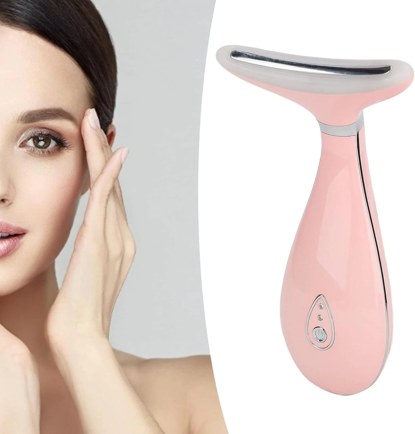 دستگاه زیبایی گردن و صورت با ویبره، دستگاه زیبایی پوست با نور LED رنگی، رفع کننده چروک (صورتی)