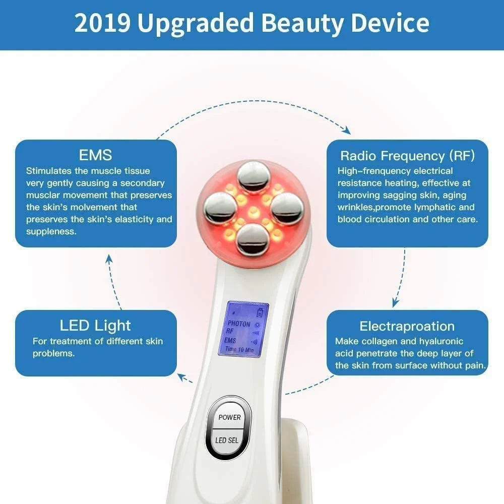 دستگاه لیفتینگ و سفت کننده پوست صورت KASTWAVE، دستگاه زیبایی اولتراسونیک RF 5 در 1، ماساژور پوست با نور LED برای رفع چین و چروک، سفت کننده صورت، ضد پیری، جوانسازی پوست، ابزار مراقبت EMS (سفید)