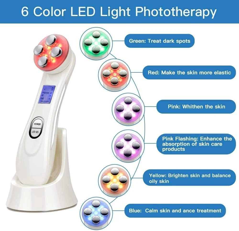 دستگاه لیفتینگ و سفت کننده پوست صورت KASTWAVE، دستگاه زیبایی اولتراسونیک RF 5 در 1، ماساژور پوست با نور LED برای رفع چین و چروک، سفت کننده صورت، ضد پیری، جوانسازی پوست، ابزار مراقبت EMS (سفید)