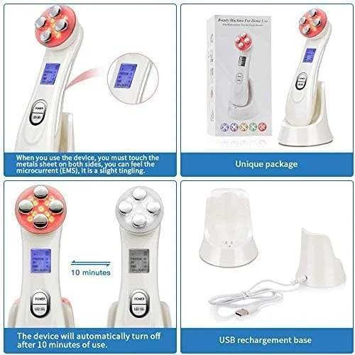 دستگاه لیفتینگ و سفت کننده پوست صورت KASTWAVE، دستگاه زیبایی اولتراسونیک RF 5 در 1، ماساژور پوست با نور LED برای رفع چین و چروک، سفت کننده صورت، ضد پیری، جوانسازی پوست، ابزار مراقبت EMS (سفید)