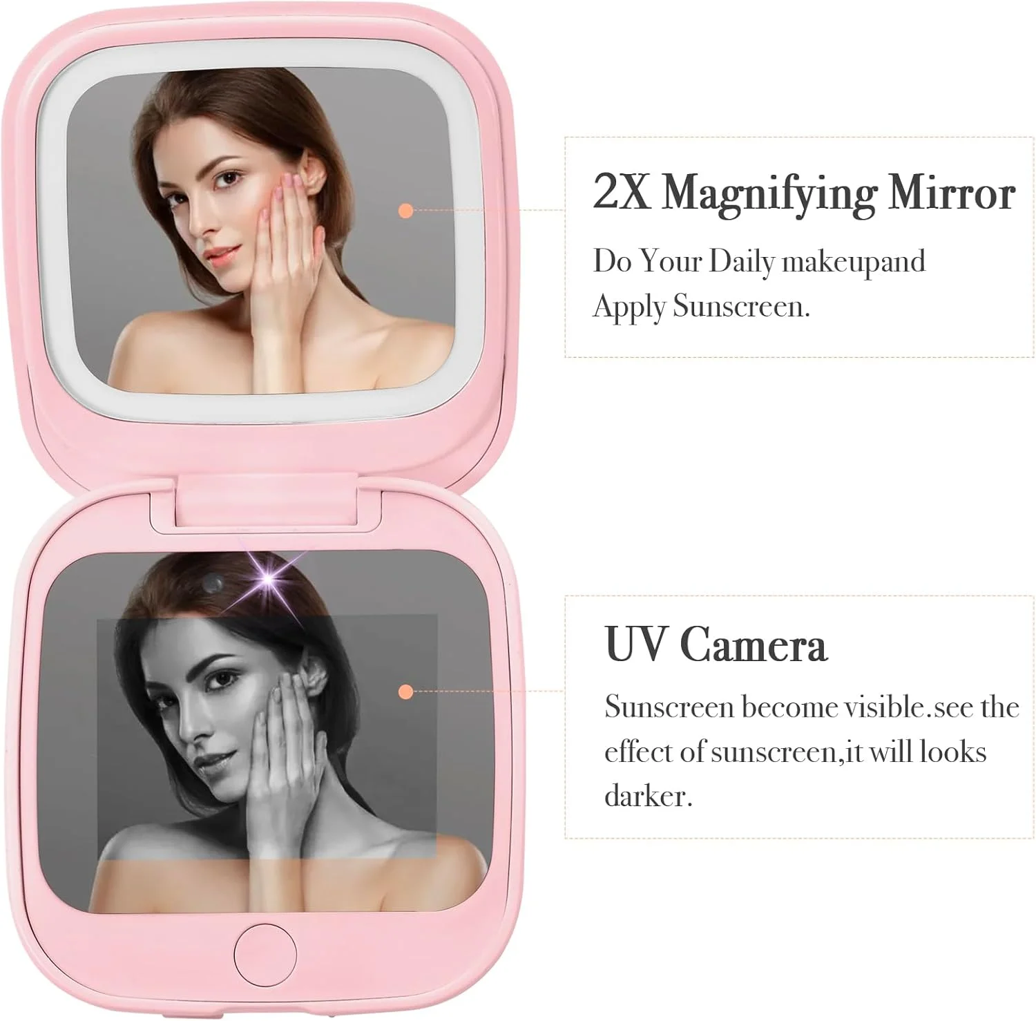 آینه مسافرتی جمع و جور با دوربین UV برای تست کرم ضد آفتاب، آینه بزرگنمایی 1x/2x با چراغ های LED، روشنایی قابل تنظیم دو طرفه دستی، آینه آرایشی قابل حمل برای کیف دستی، صورتی