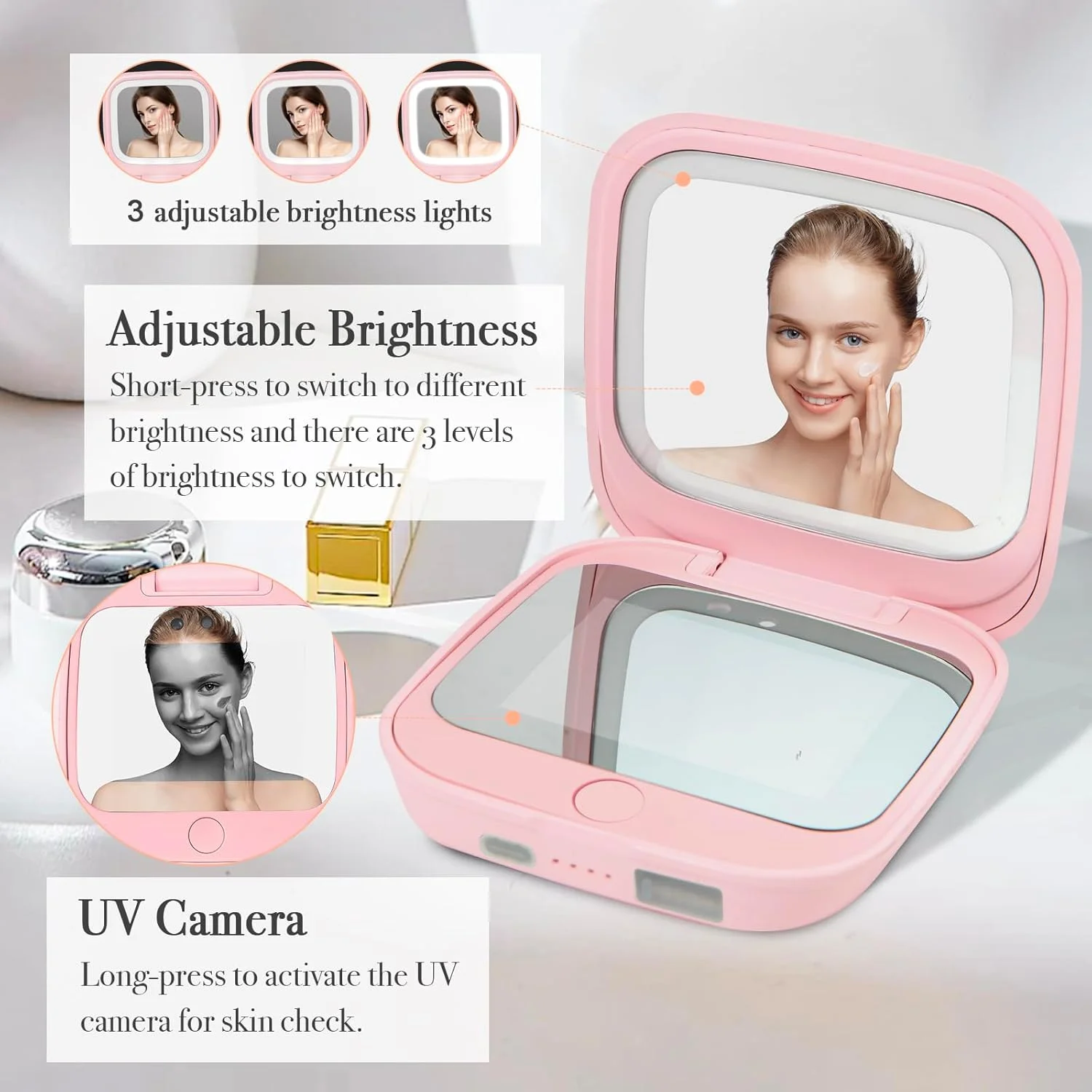 آینه مسافرتی جمع و جور با دوربین UV برای تست کرم ضد آفتاب، آینه بزرگنمایی 1x/2x با چراغ های LED، روشنایی قابل تنظیم دو طرفه دستی، آینه آرایشی قابل حمل برای کیف دستی، صورتی