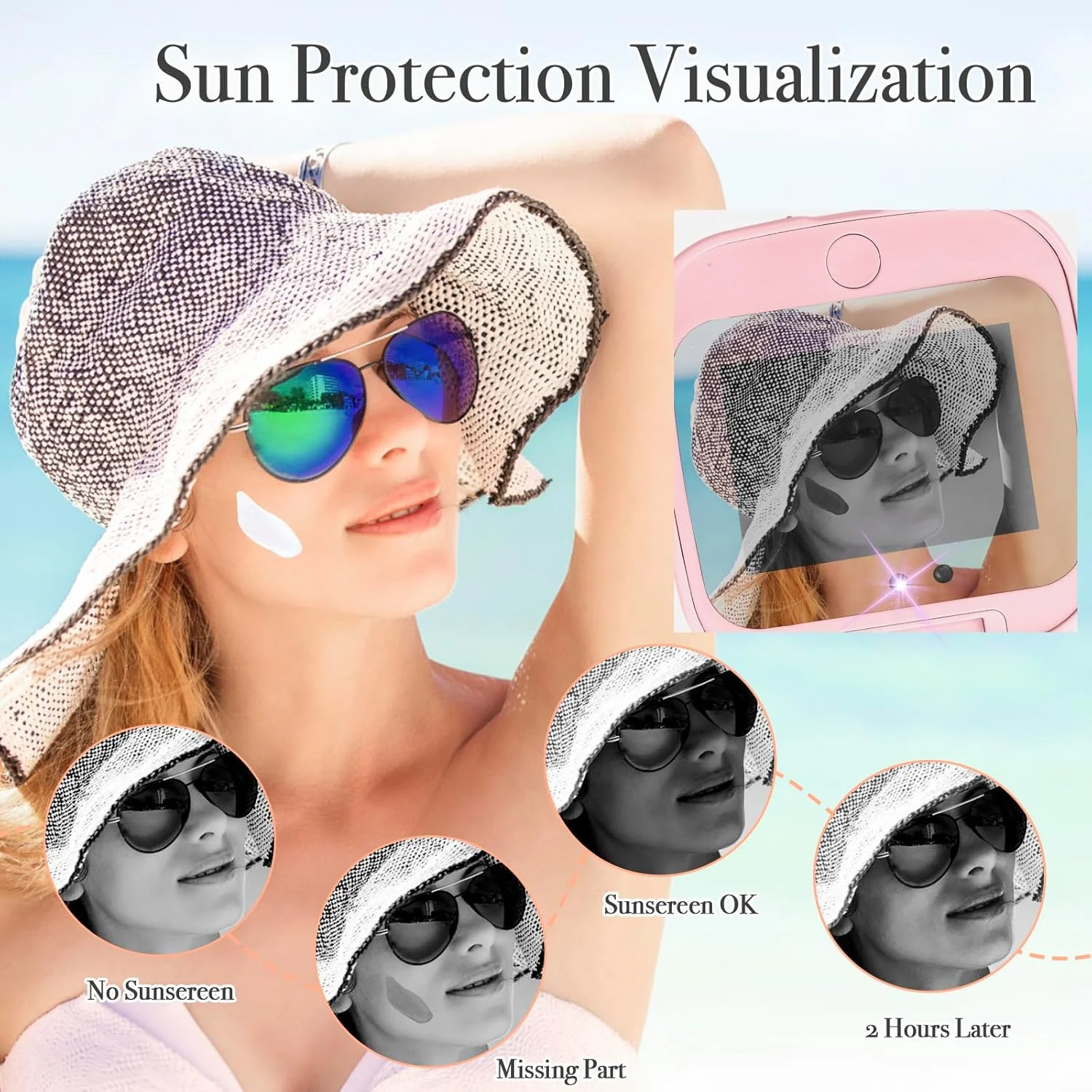 آینه مسافرتی جمع و جور با دوربین UV برای تست کرم ضد آفتاب، آینه بزرگنمایی 1x/2x با چراغ های LED، روشنایی قابل تنظیم دو طرفه دستی، آینه آرایشی قابل حمل برای کیف دستی، صورتی