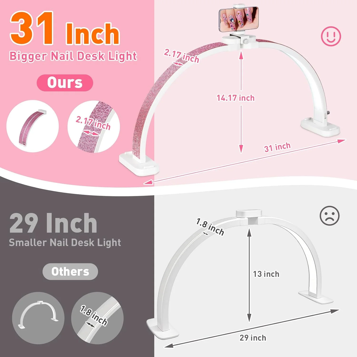 چراغ نیمه ماه فوق العاده بزرگ 79 سانتی متری HITTI برای میز ناخن، چراغ قوسی تاشو برای لامپ تکنسین ناخن با پایه تلفن، لامپ LED رومیزی برای مانیکور، صنایع دستی، هنر، اکستنشن مژه (الماس کریستالی) - سفید