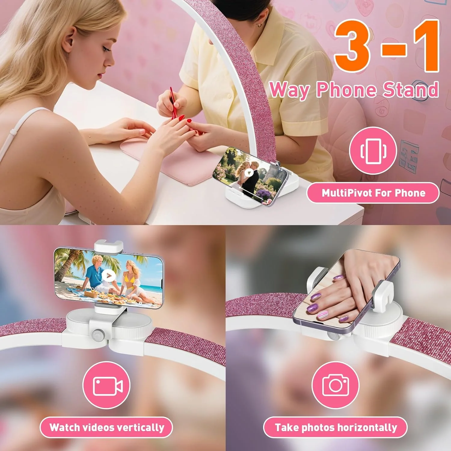 چراغ نیمه ماه فوق العاده بزرگ 79 سانتی متری HITTI برای میز ناخن، چراغ قوسی تاشو برای لامپ تکنسین ناخن با پایه تلفن، لامپ LED رومیزی برای مانیکور، صنایع دستی، هنر، اکستنشن مژه (الماس کریستالی) - سفید