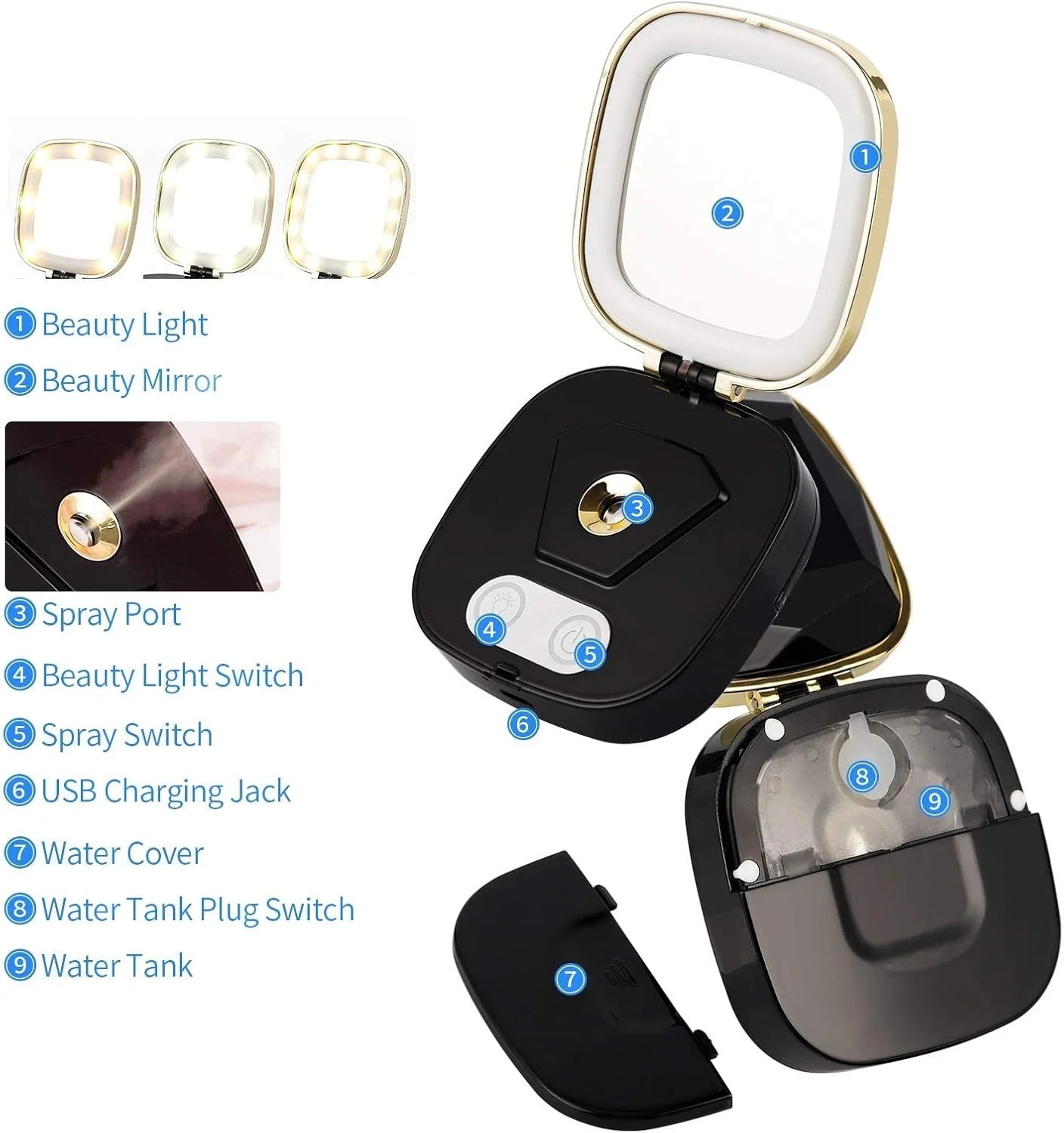 آینه آرایشی با شارژ USB، دارای اسپری نانو میست، آینه لامپ لوازم آرایشی، مرطوب کننده صورت، آینه نور LED قابل حمل، دستگاه زیبایی (رنگ: سفید)