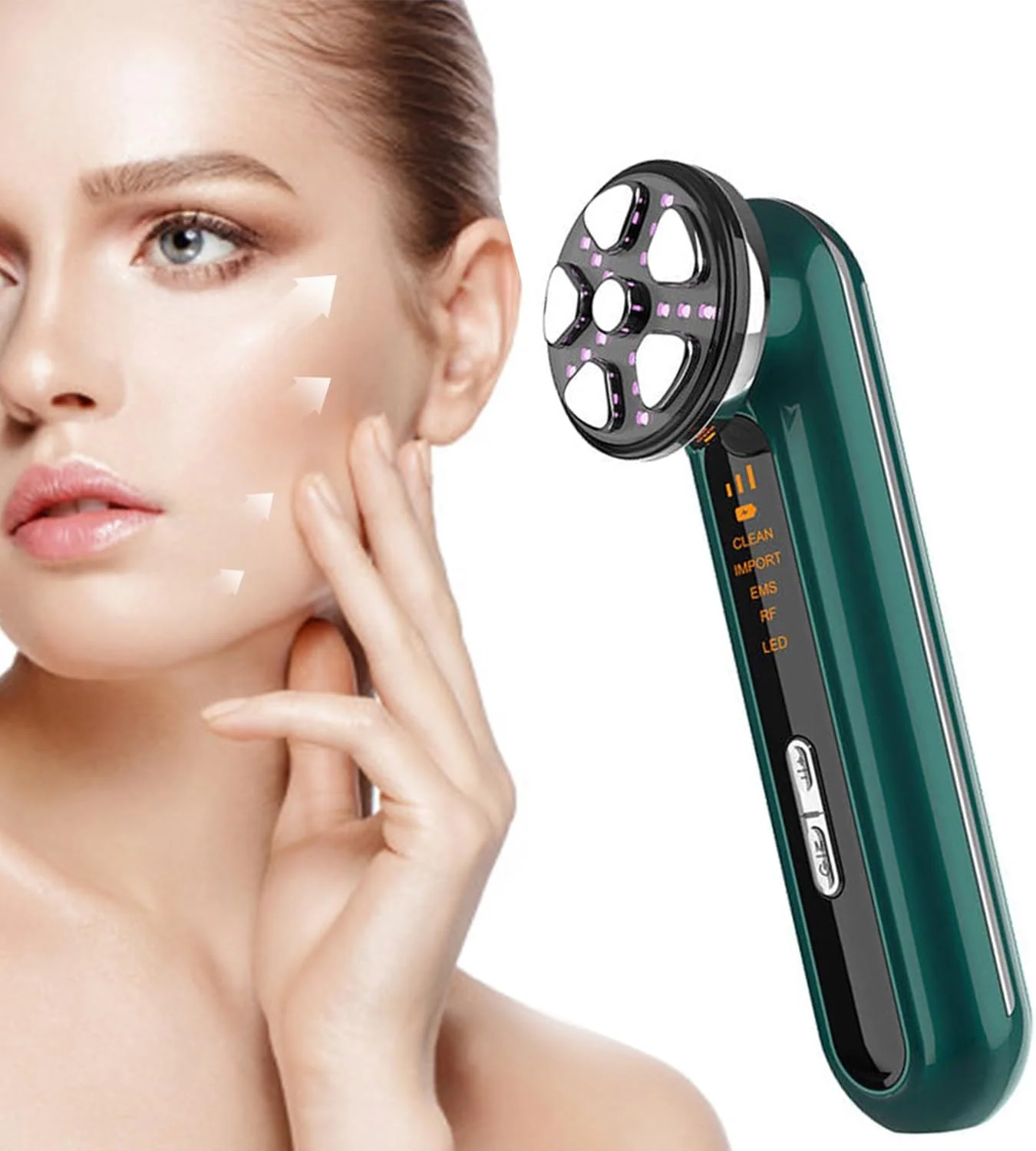 دستگاه زیبایی آر اف برای لیفت صورت، گردن و چشم، ماساژور زیبایی، دستگاه نوردرمانی LED 4 رنگ، ماساژور صورت EMS الکتریکی