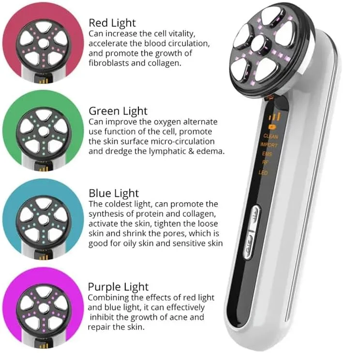 دستگاه زیبایی آر اف برای لیفت صورت، گردن و چشم، ماساژور زیبایی، دستگاه نوردرمانی LED 4 رنگ، ماساژور صورت EMS الکتریکی