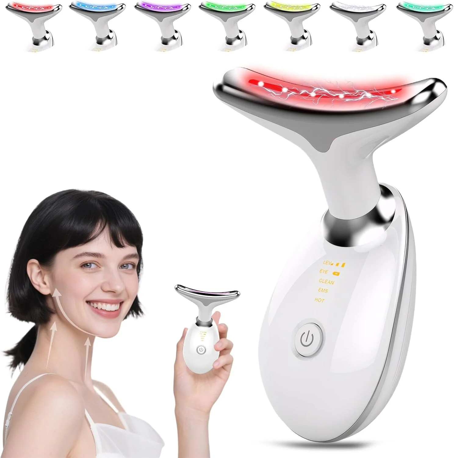 دستگاه ماساژور صورت و لیفتینگ، دستگاه ماساژ گردن برقی با گرمایش ۴۵ درجه سانتیگراد EMS، ۷ رنگ LED، ۳ حالت، دستگاه ضد پیری و ضد چروک صورت و گردن برای زنان