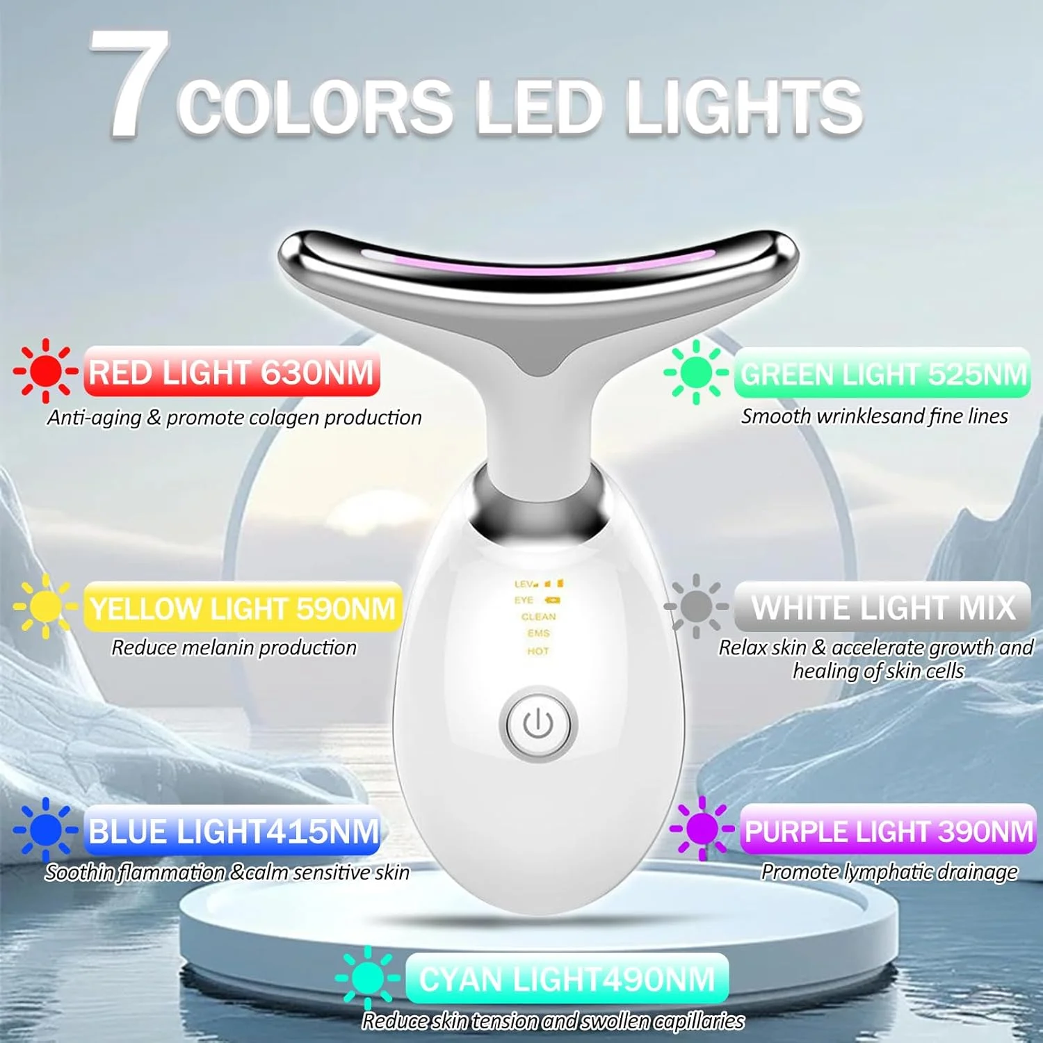 دستگاه ماساژور صورت و لیفتینگ، دستگاه ماساژ گردن برقی با گرمایش ۴۵ درجه سانتیگراد EMS، ۷ رنگ LED، ۳ حالت، دستگاه ضد پیری و ضد چروک صورت و گردن برای زنان